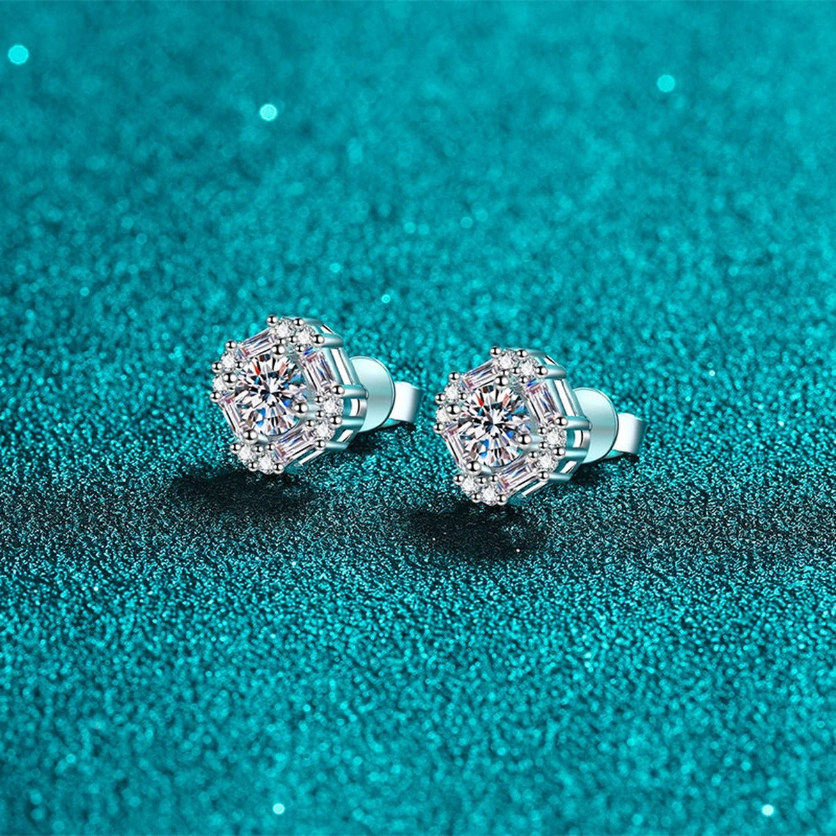 Octagon Halo Moissanite Stud Earrings in Rhodium-Plated S925 sterling silver product scene view showing side profile