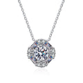 Round Halo Moissanite Pendant Necklace in Rhodium-Plated S925 sterling silver white background product photo showing round halo pendant with mixed moissanite stone shapes and sizes