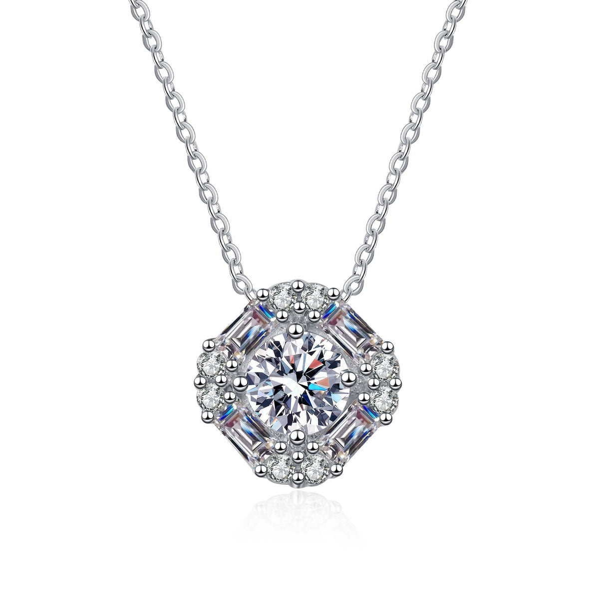 Round Halo Moissanite Pendant Necklace in Rhodium-Plated S925 sterling silver white background product photo showing round halo pendant with mixed moissanite stone shapes and sizes