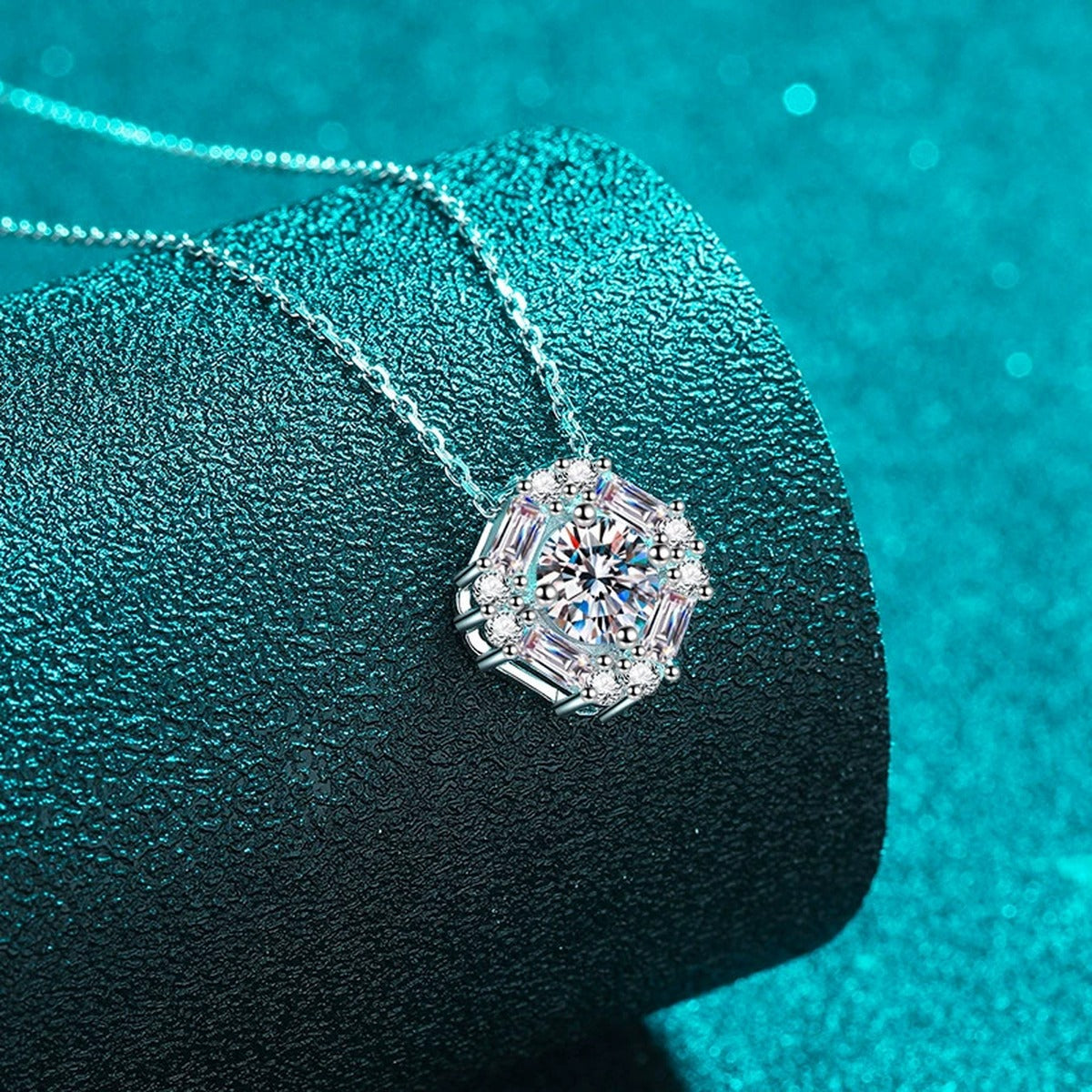 Round Halo Moissanite Pendant Necklace in Rhodium-Plated S925 sterling silver close-up product scene showing pendant setting