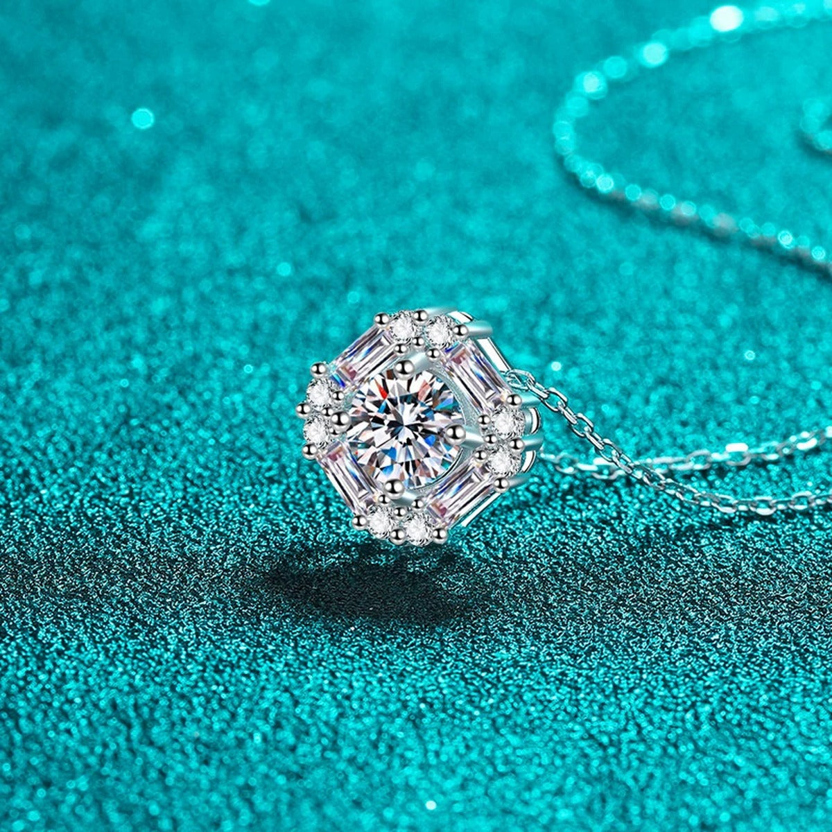 Round Halo Moissanite Pendant Necklace in Rhodium-Plated S925 sterling silver blue display scene showing chain and stone layout