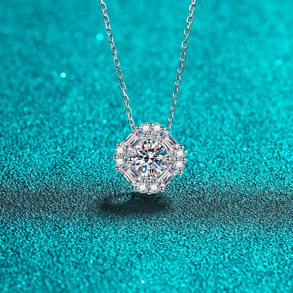Round Halo Moissanite Pendant Necklace in Rhodium-Plated S925 sterling silver angled product detail view