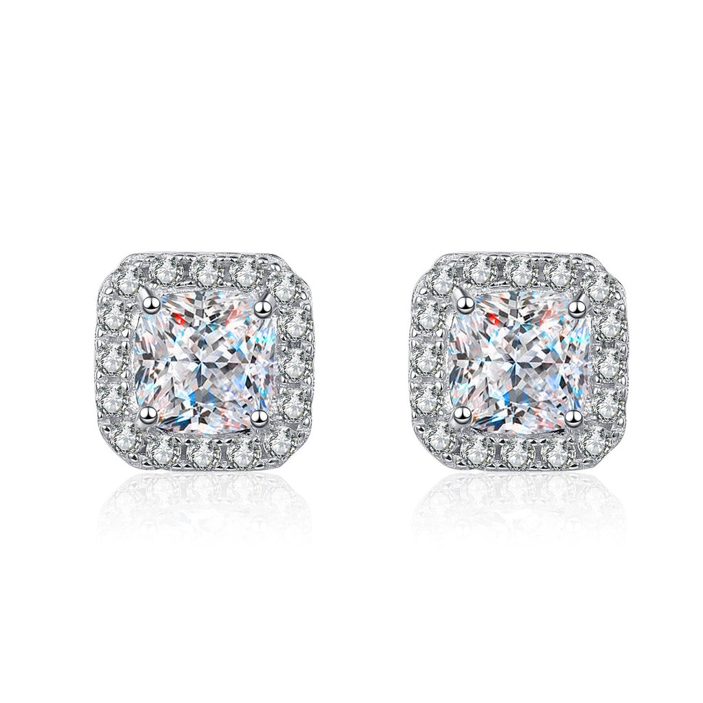 Princess Cut Halo Moissanite Stud Earrings with CZ in Rhodium-Plated S925 sterling silver white background product photo showing the pair, stone shape, and stud earrings silhouette