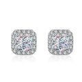 Princess Cut Halo Moissanite Stud Earrings with CZ in Rhodium-Plated S925 sterling silver white background product photo showing the pair, stone shape, and stud earrings silhouette