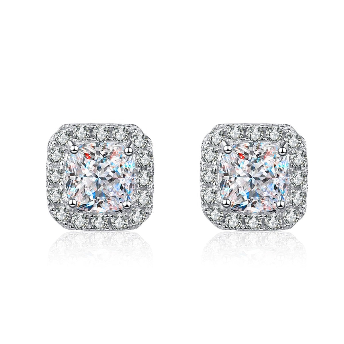 Princess Cut Halo Moissanite Stud Earrings with CZ in Rhodium-Plated S925 sterling silver white background product photo showing the pair, stone shape, and stud earrings silhouette