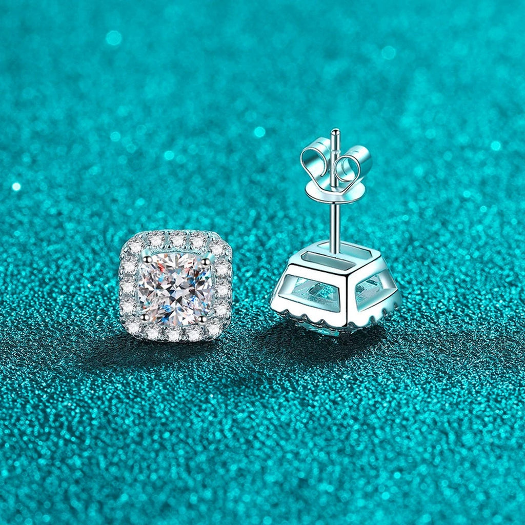 Princess Cut Halo Moissanite Stud Earrings with CZ in Rhodium-Plated S925 sterling silver product scene view showing front sparkle