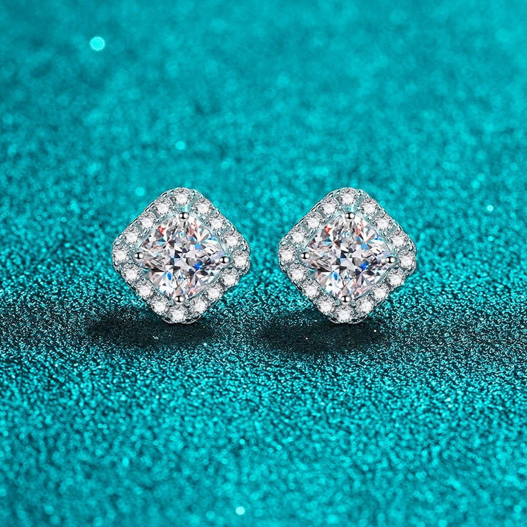 Princess Cut Halo Moissanite Stud Earrings with CZ in Rhodium-Plated S925 sterling silver product scene view showing angled setting detail