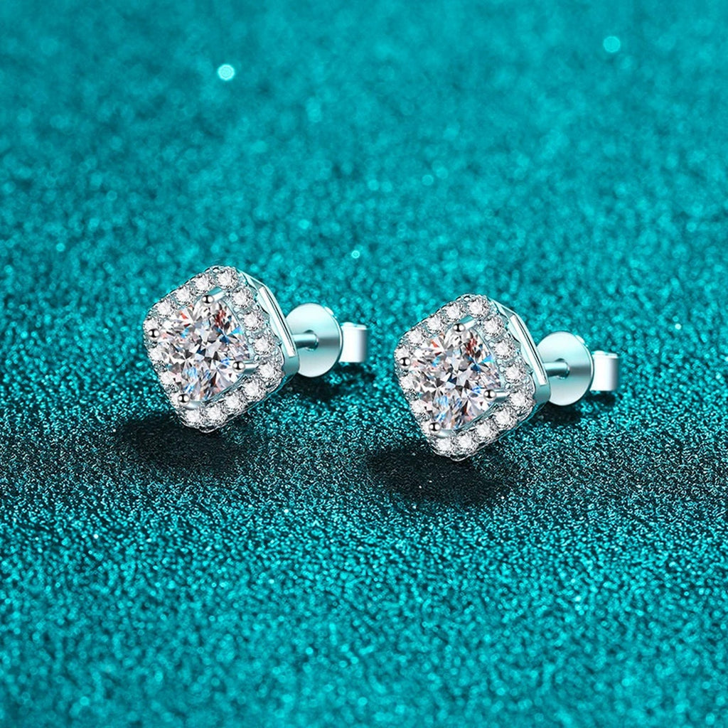 Princess Cut Halo Moissanite Stud Earrings with CZ in Rhodium-Plated S925 sterling silver product scene view showing side profile