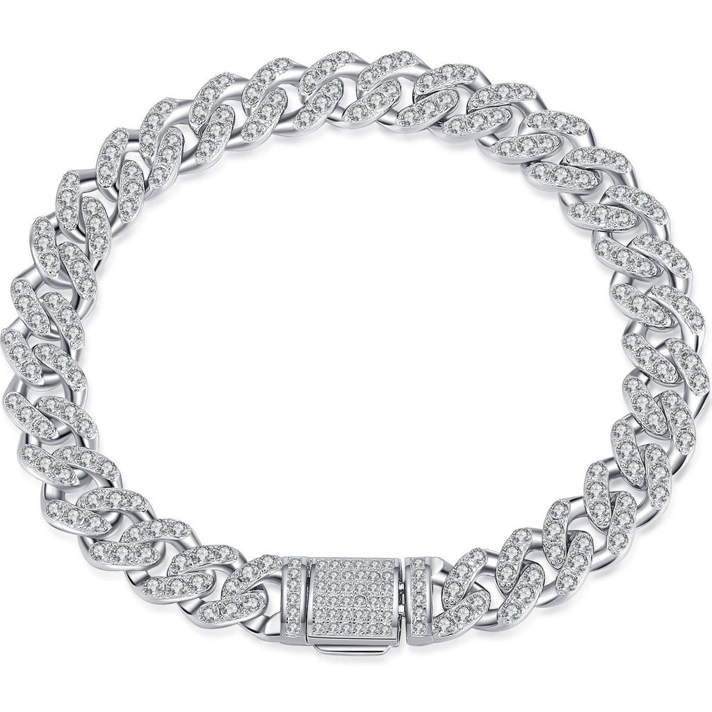 Cuban Chain Moissanite Bracelet in Rhodium-Plated S925 sterling silver white background product photo showing bracelet shape and moissanite setting