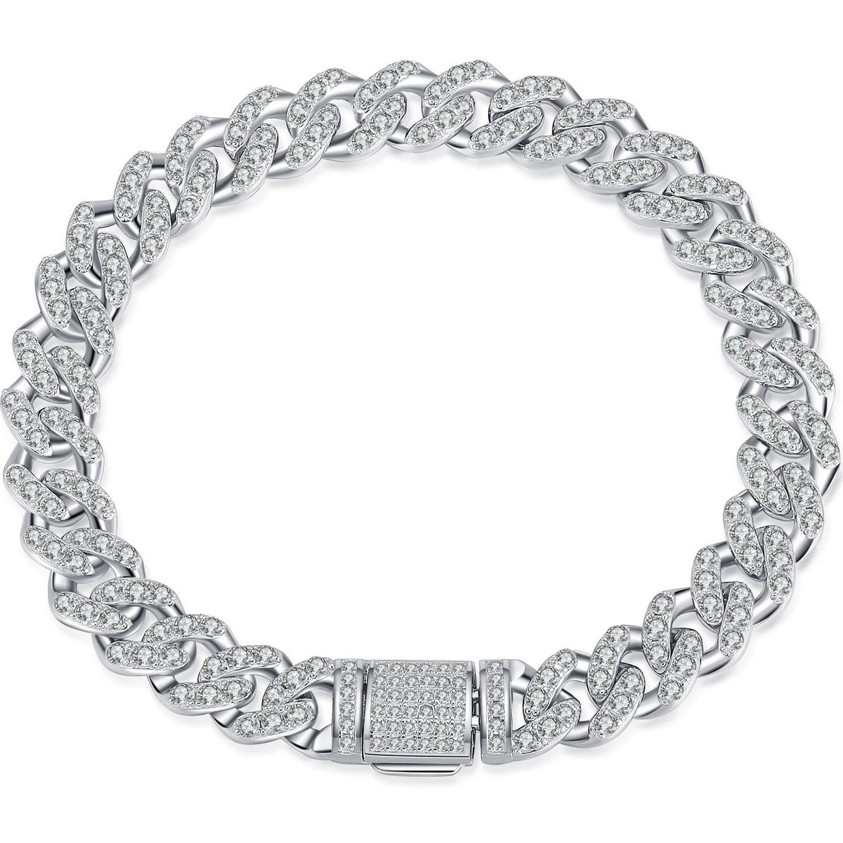 Cuban Chain Moissanite Bracelet in Rhodium-Plated S925 sterling silver white background product photo showing bracelet shape and moissanite setting