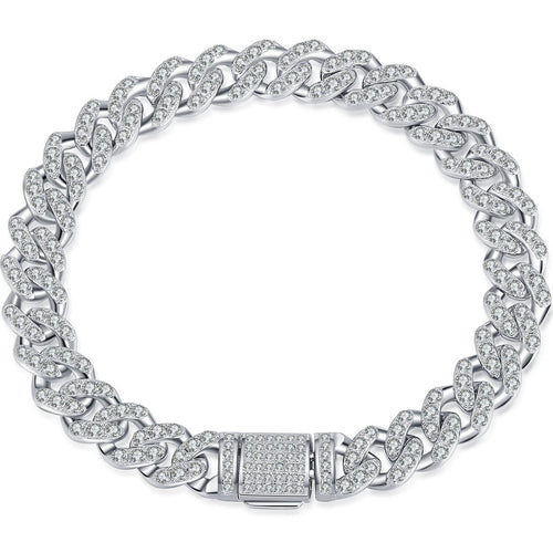 Cuban Chain Moissanite Bracelet in Rhodium-Plated S925 sterling silver white background product photo showing bracelet shape and moissanite setting