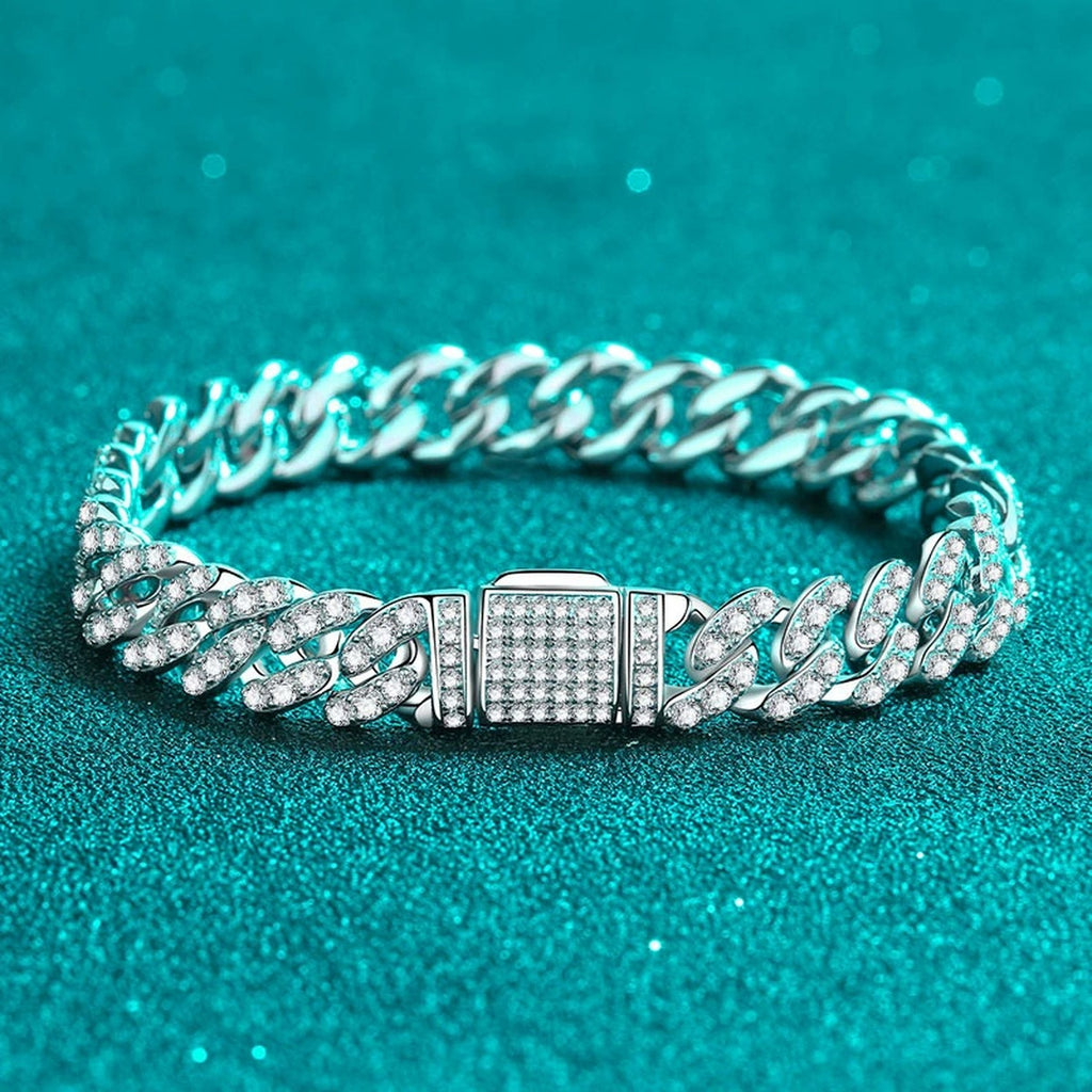 Cuban Chain Moissanite Bracelet in Rhodium-Plated S925 sterling silver styled product scene showing stone sparkle and chain detail