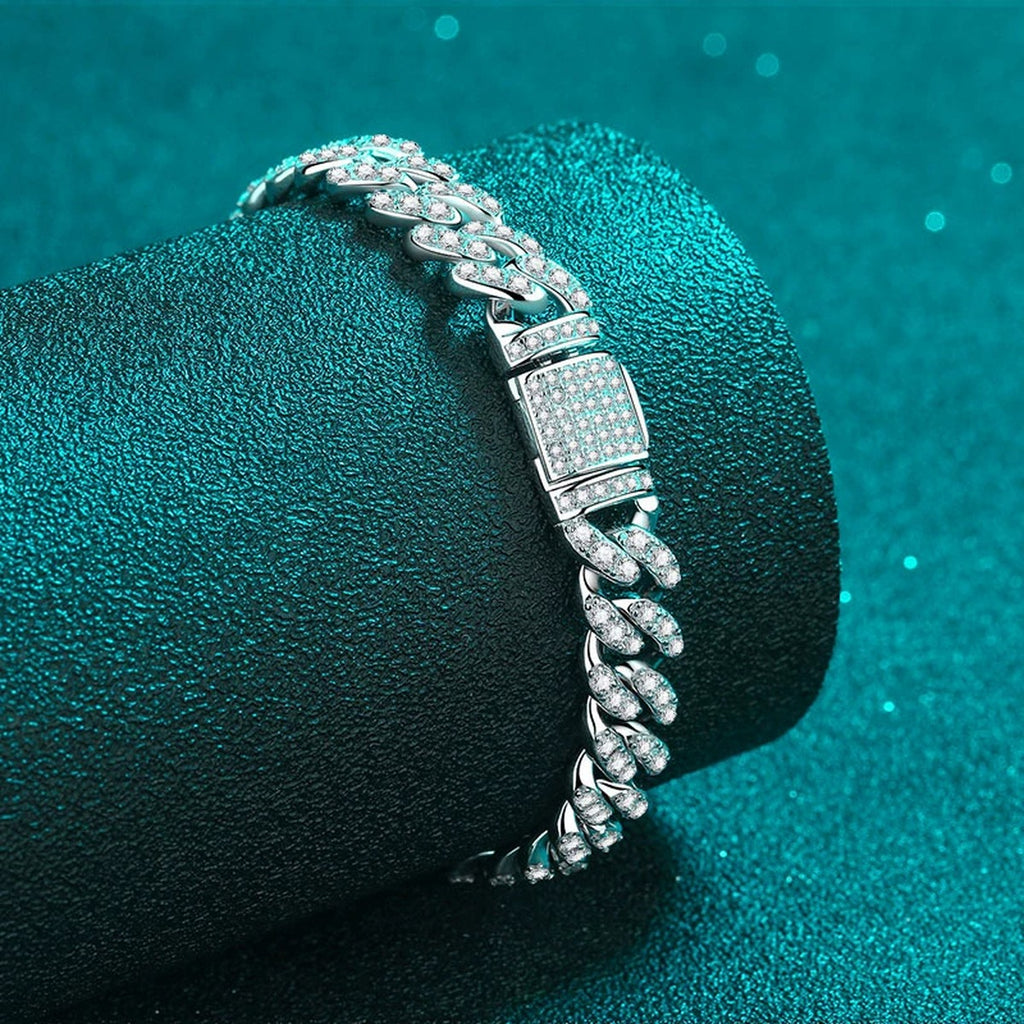 Cuban Chain Moissanite Bracelet in Rhodium-Plated S925 sterling silver angled product display showing bracelet silhouette