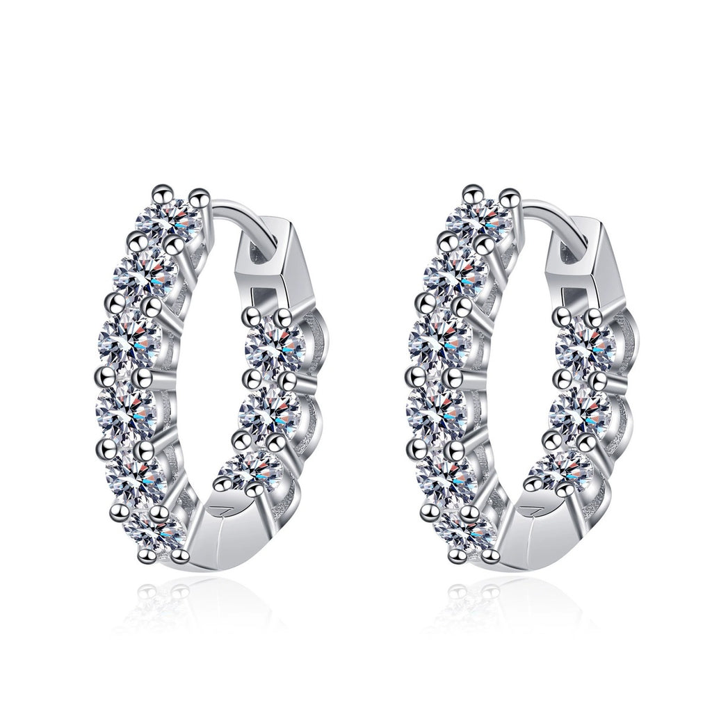 Split Pave Moissanite Hoop Earrings in Rhodium-Plated S925 sterling silver white background product photo showing the pair, stone shape, and hoop earrings silhouette