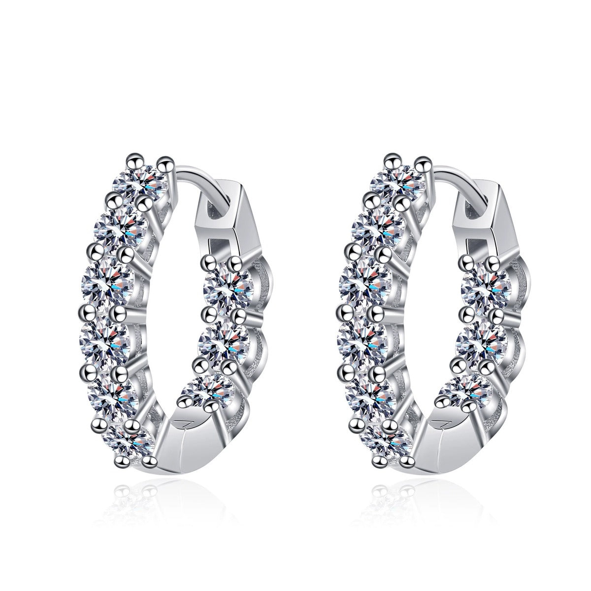 Split Pave Moissanite Hoop Earrings in Rhodium-Plated S925 sterling silver white background product photo showing the pair, stone shape, and hoop earrings silhouette