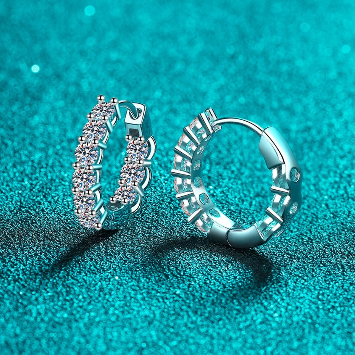 Split Pave Moissanite Hoop Earrings in Rhodium-Plated S925 sterling silver product scene view showing front sparkle