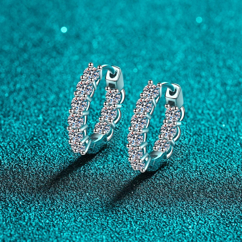 Split Pave Moissanite Hoop Earrings in Rhodium-Plated S925 sterling silver product scene view showing angled setting detail