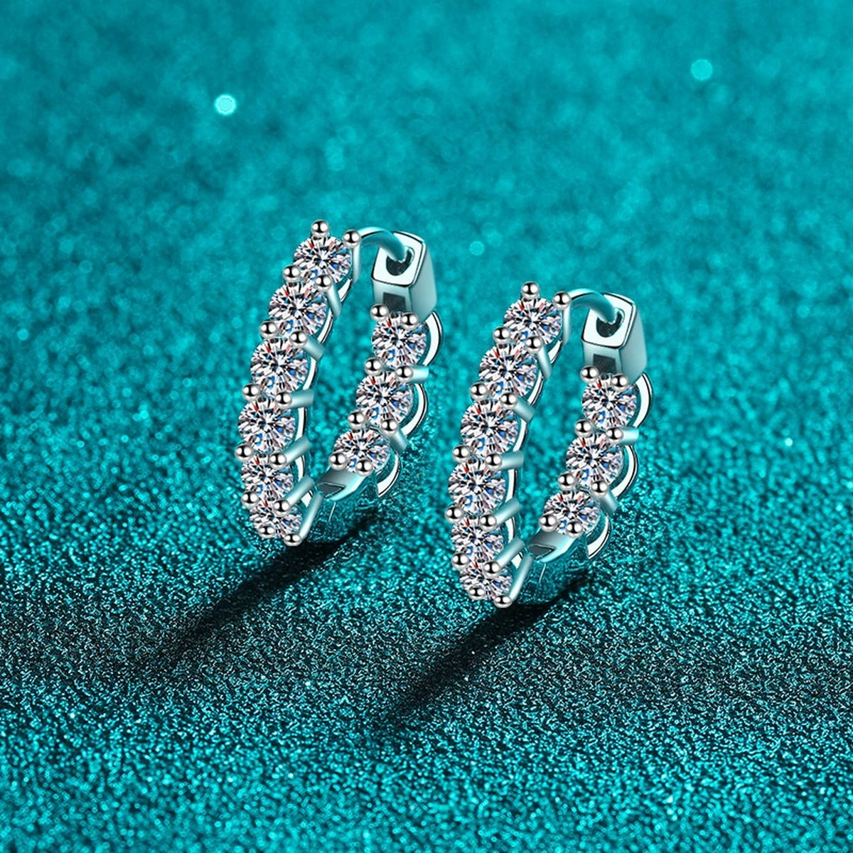 Split Pave Moissanite Hoop Earrings in Rhodium-Plated S925 sterling silver product scene view showing angled setting detail