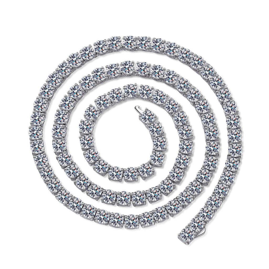 Tennis Moissanite Necklace in Rhodium-Plated S925 sterling silver white background product photo showing continuous tennis necklace with round moissanite stones and length options