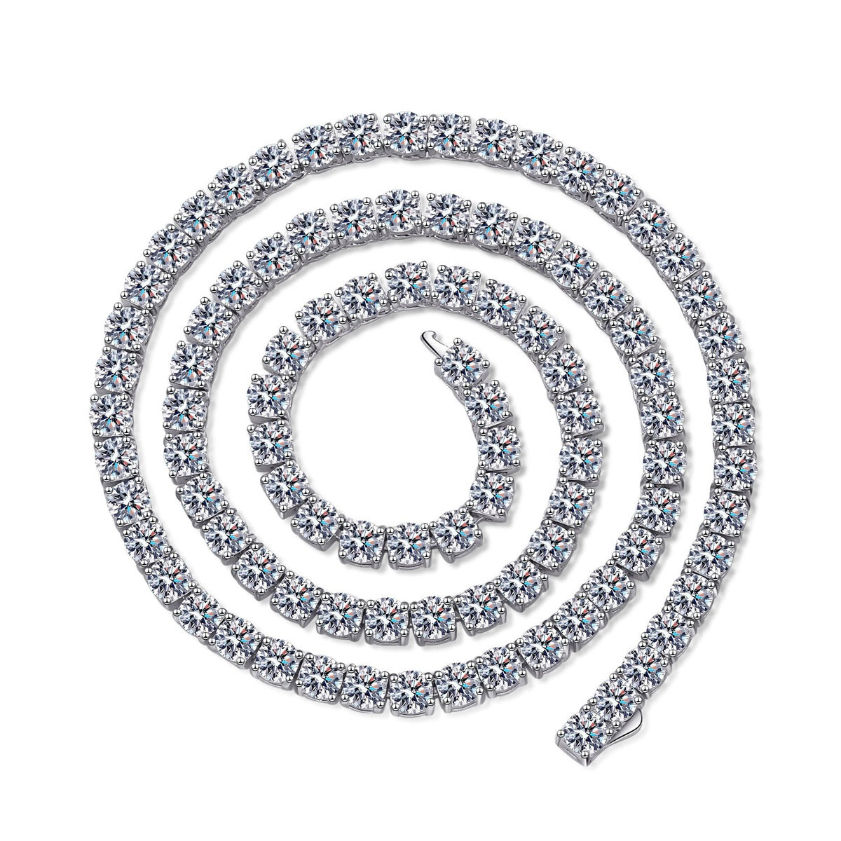 Tennis Moissanite Necklace in Rhodium-Plated S925 sterling silver white background product photo showing continuous tennis necklace with round moissanite stones and length options