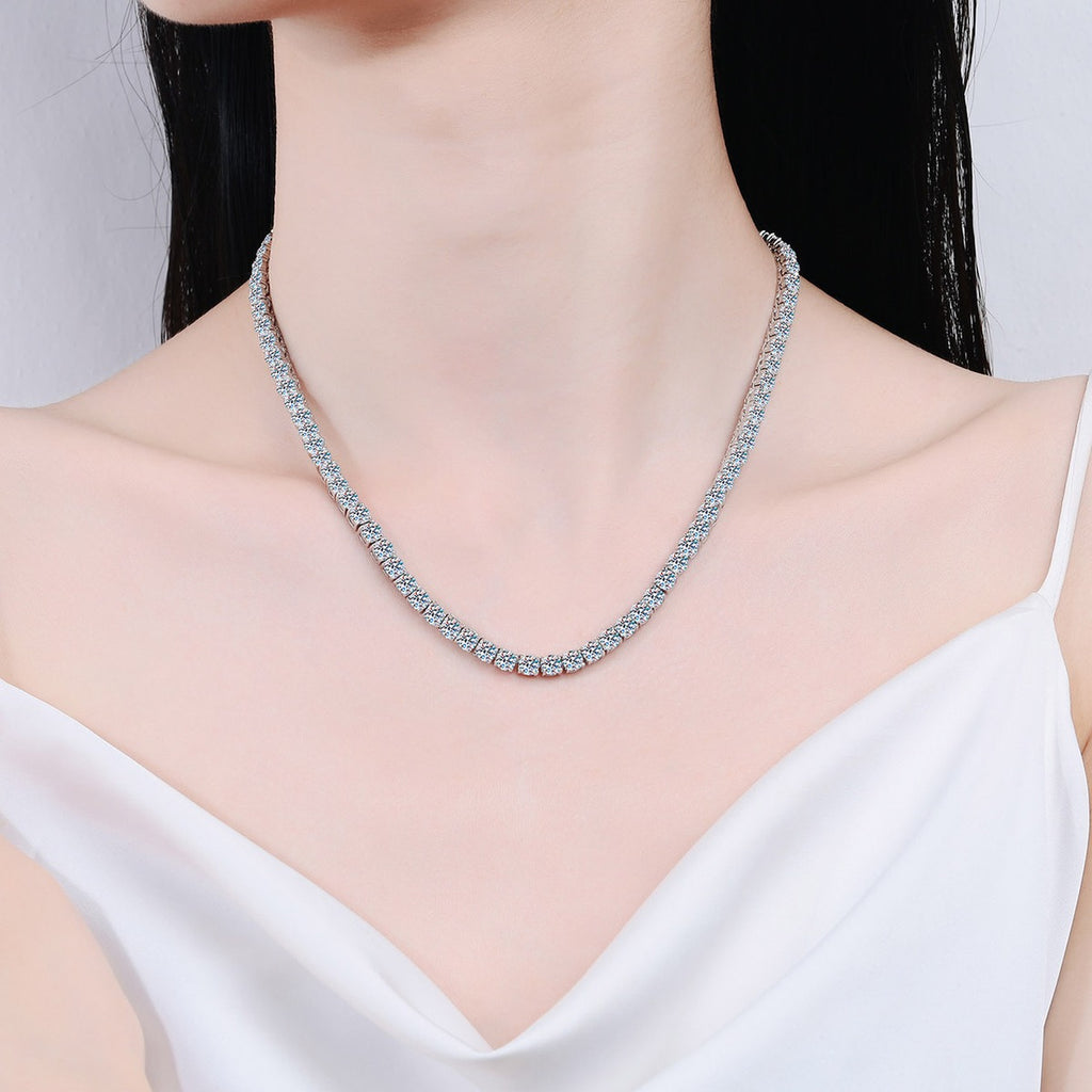 Tennis Moissanite Necklace in Rhodium-Plated S925 sterling silver neckline model view showing pendant scale and adjustable chain