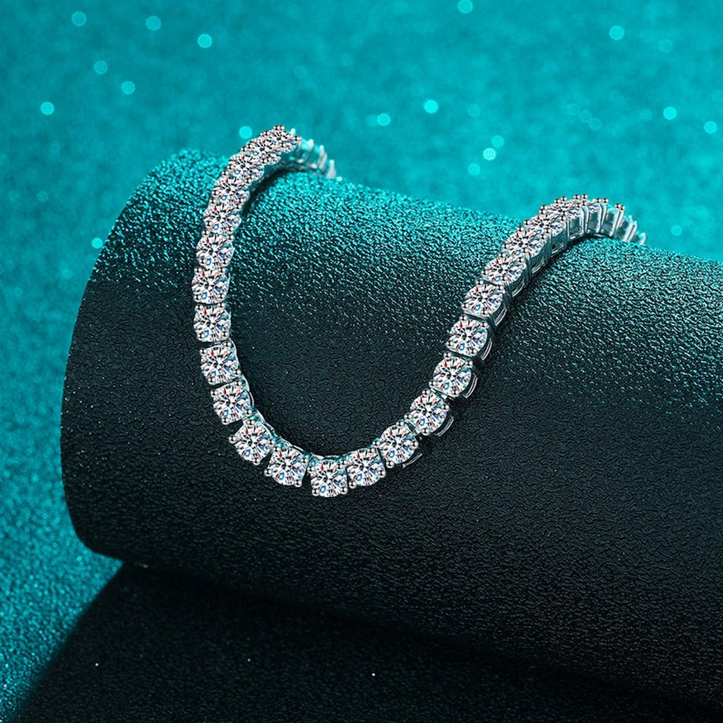 Tennis Moissanite Necklace in Rhodium-Plated S925 sterling silver blue display scene showing chain and stone layout