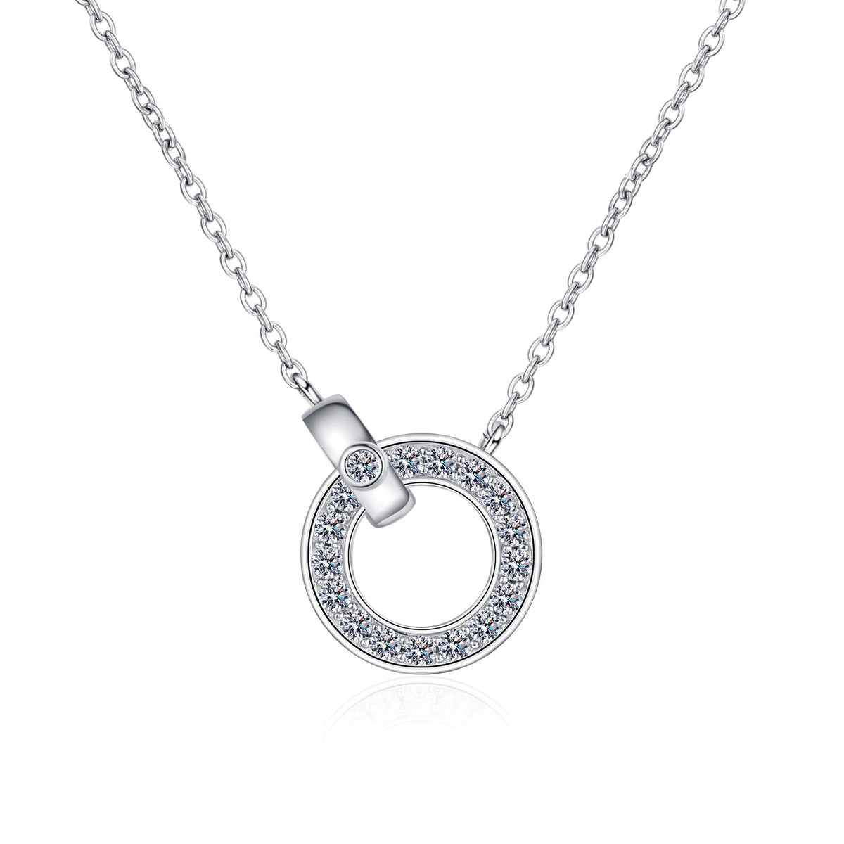 Circle Lock Moissanite Pendant Necklace in Rhodium-Plated S925 sterling silver white background product photo showing round lock-inspired pendant with small moissanite stones
