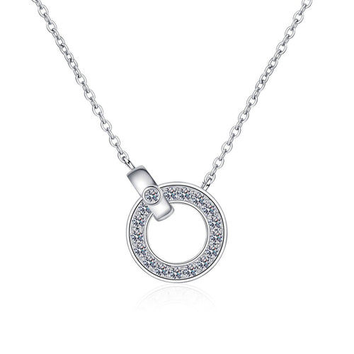 Circle Lock Moissanite Pendant Necklace in Rhodium-Plated S925 sterling silver white background product photo showing round lock-inspired pendant with small moissanite stones