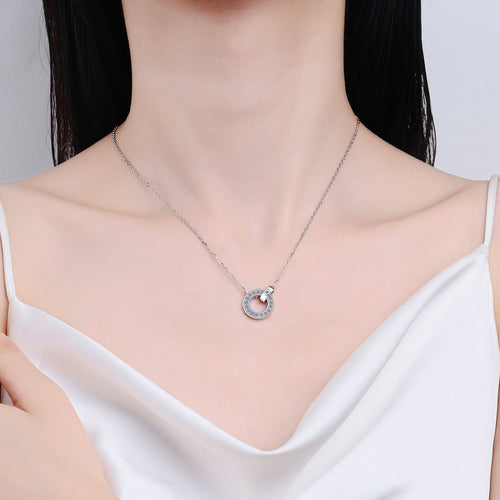 Circle Lock Moissanite Pendant Necklace in Rhodium-Plated S925 sterling silver neckline model view showing pendant scale and adjustable chain