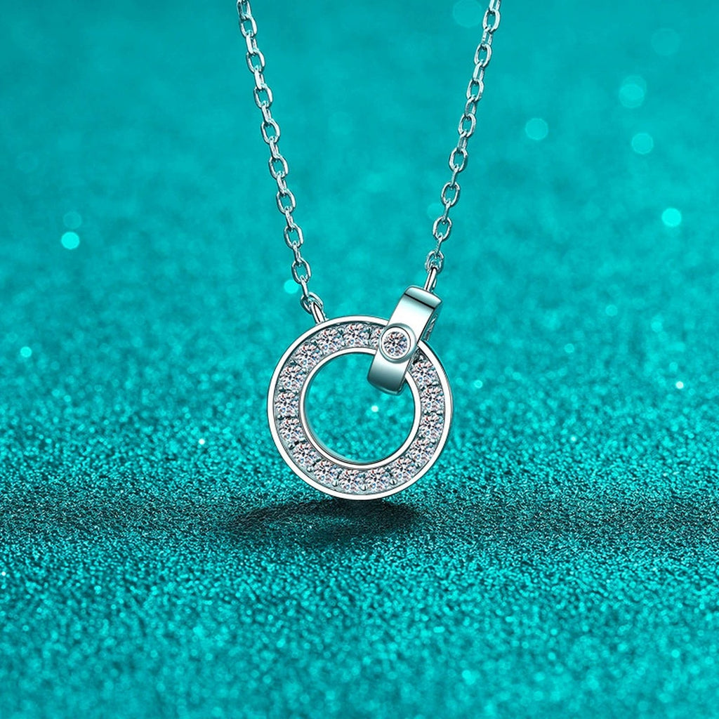 Circle Lock Moissanite Pendant Necklace in Rhodium-Plated S925 sterling silver close-up product scene showing pendant setting