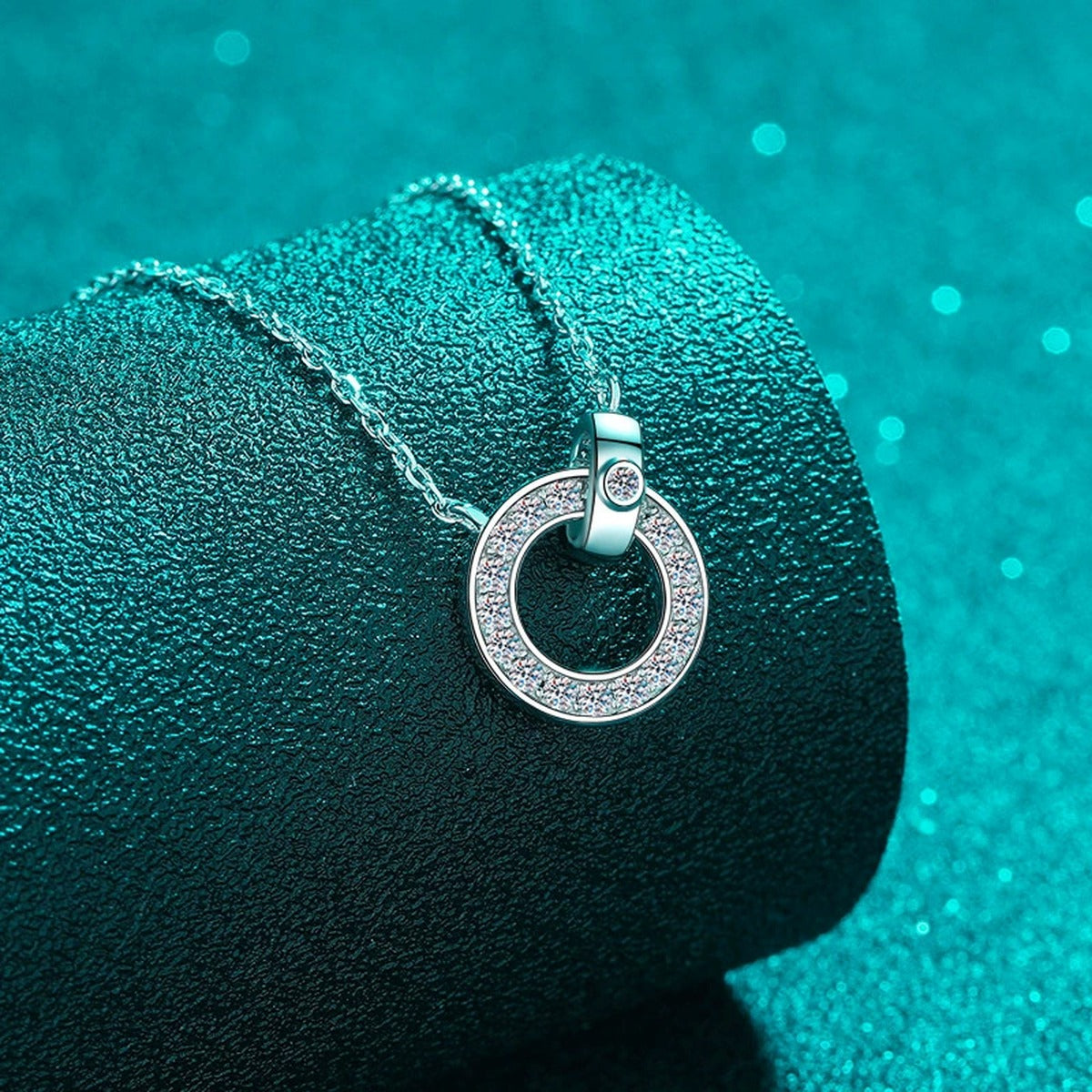 Circle Lock Moissanite Pendant Necklace in Rhodium-Plated S925 sterling silver angled product detail view