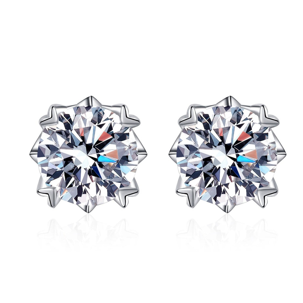 Round Moissanite Screw Back Stud Earrings in Rhodium-Plated S925 sterling silver white background product photo showing the pair, stone shape, and stud earrings silhouette