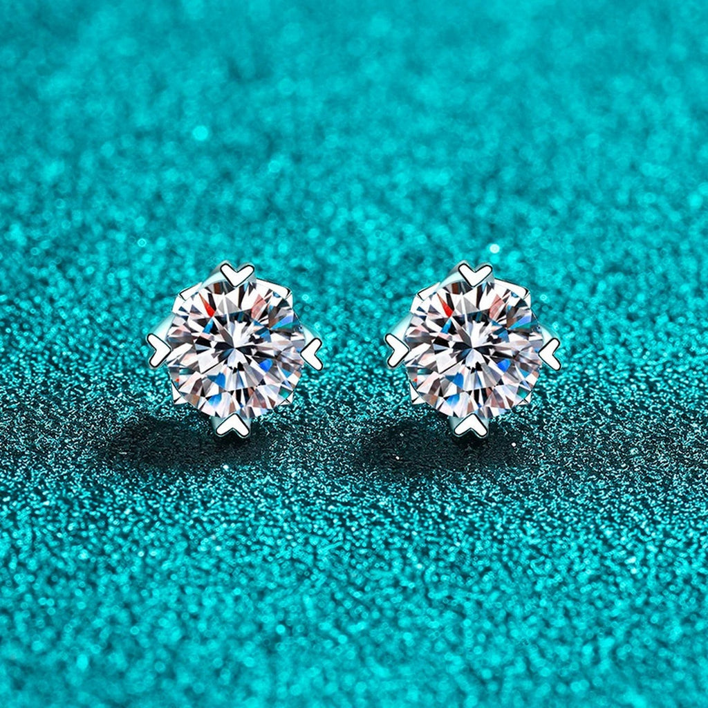 Round Moissanite Screw Back Stud Earrings in Rhodium-Plated S925 sterling silver product scene view showing front sparkle