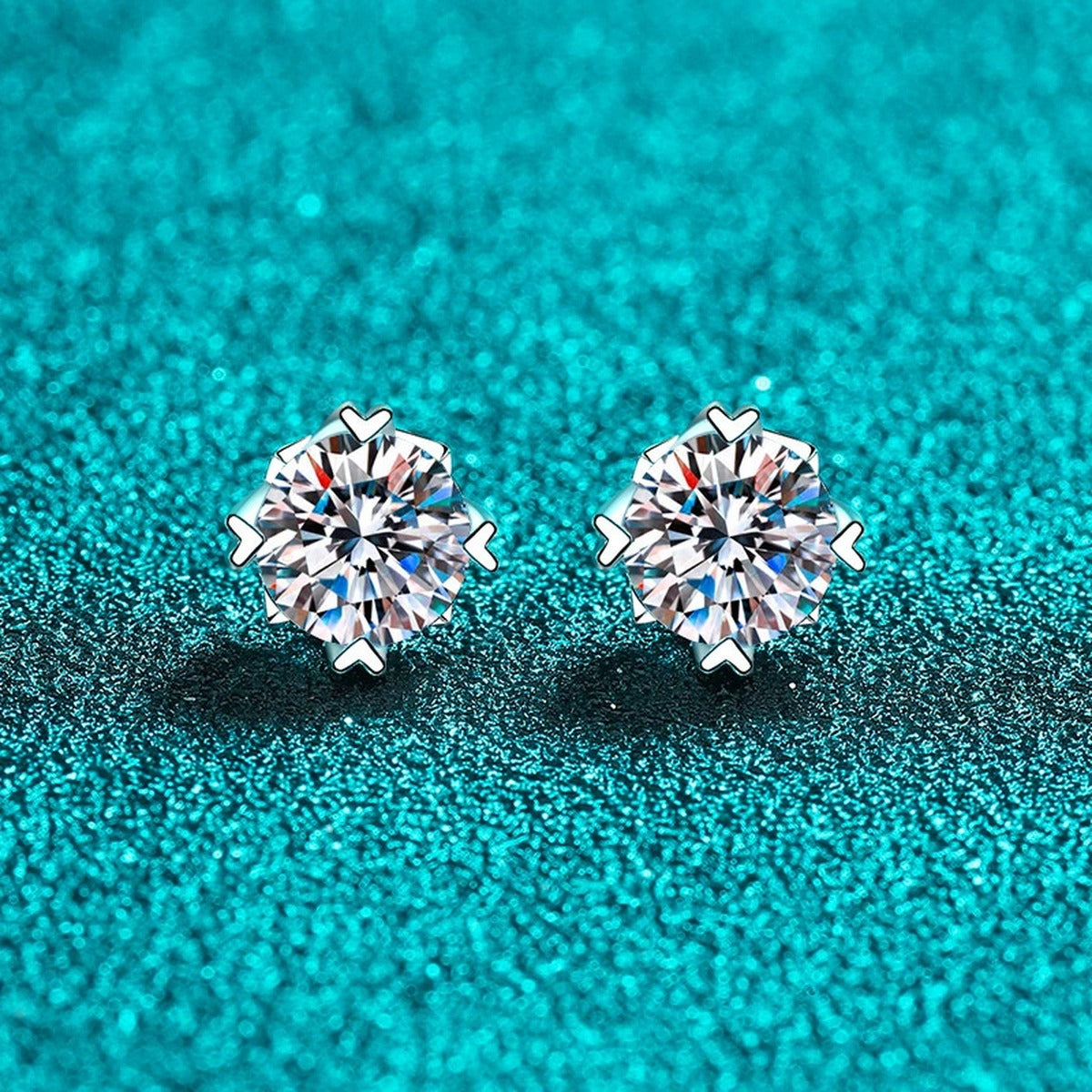 Round Moissanite Screw Back Stud Earrings in Rhodium-Plated S925 sterling silver product scene view showing front sparkle