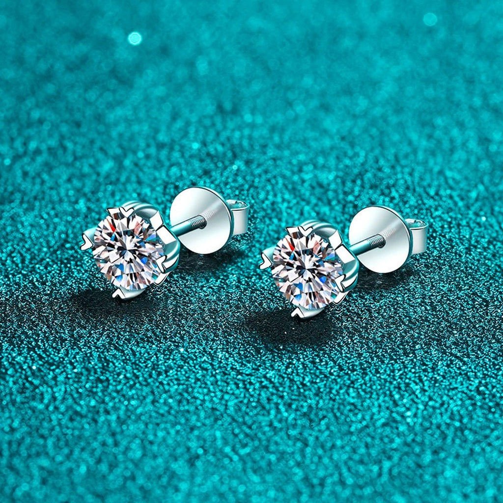 Round Moissanite Screw Back Stud Earrings in Rhodium-Plated S925 sterling silver product scene view showing angled setting detail