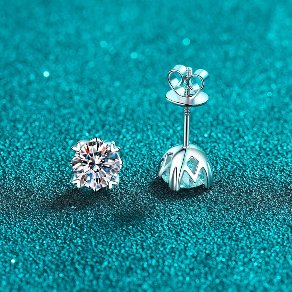 Round Moissanite Screw Back Stud Earrings in Rhodium-Plated S925 sterling silver product scene view showing side profile