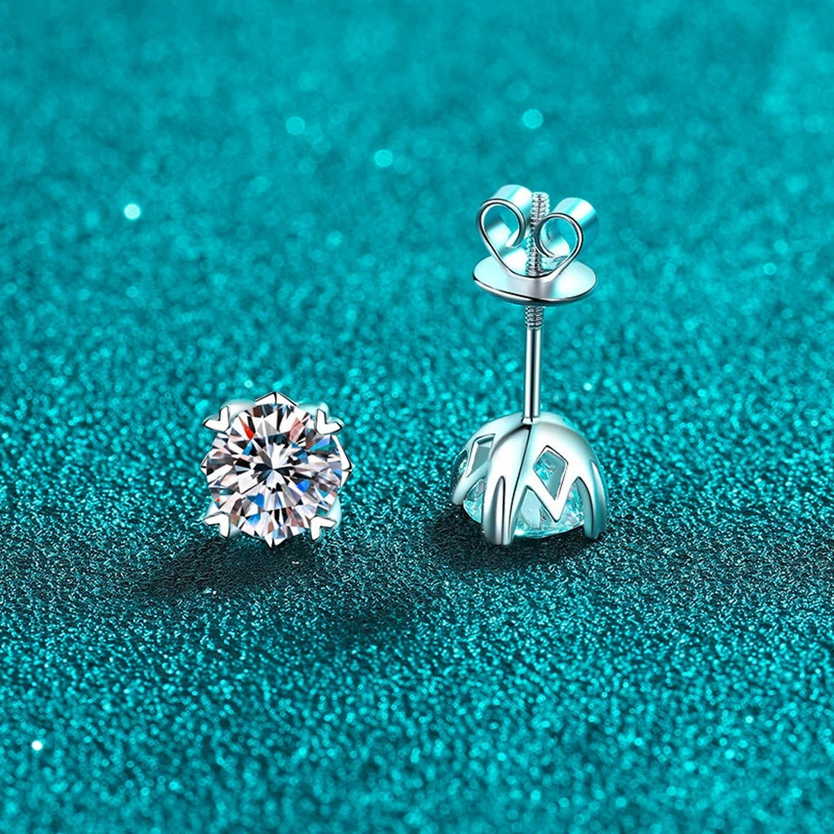 Round Moissanite Screw Back Stud Earrings in Rhodium-Plated S925 sterling silver product scene view showing side profile