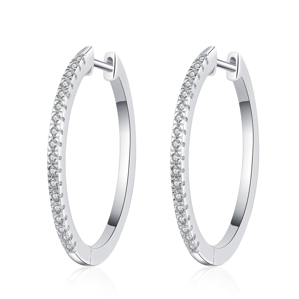 Slim Pave Moissanite Hoop Earrings in Rhodium-Plated S925 sterling silver white background product photo showing the pair, stone shape, and hoop earrings silhouette