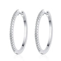 Slim Pave Moissanite Hoop Earrings in Rhodium-Plated S925 sterling silver white background product photo showing the pair, stone shape, and hoop earrings silhouette