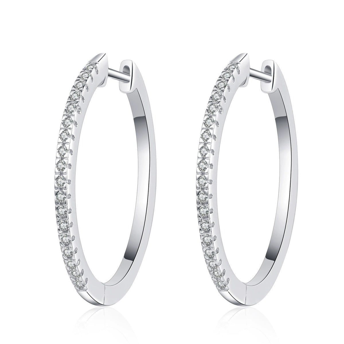 Slim Pave Moissanite Hoop Earrings in Rhodium-Plated S925 sterling silver white background product photo showing the pair, stone shape, and hoop earrings silhouette