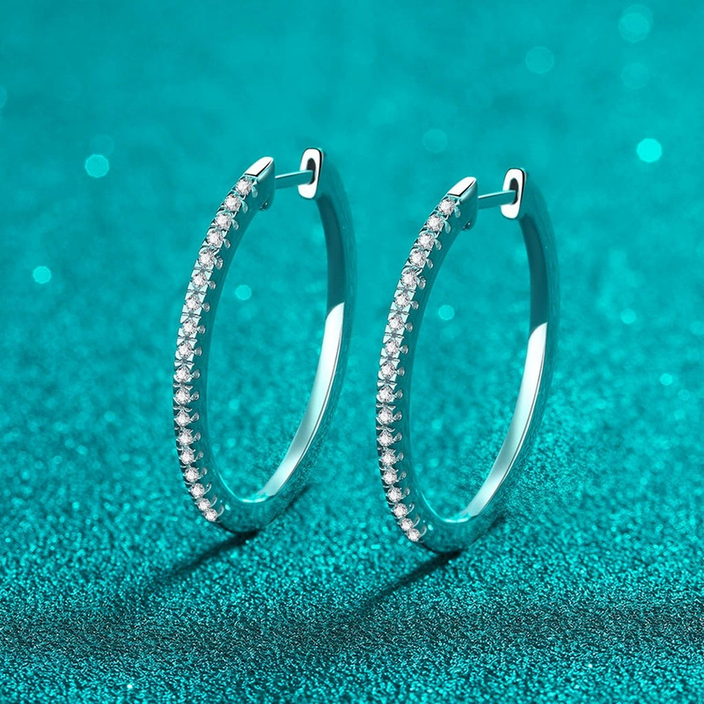 Slim Pave Moissanite Hoop Earrings in Rhodium-Plated S925 sterling silver product scene view showing front sparkle