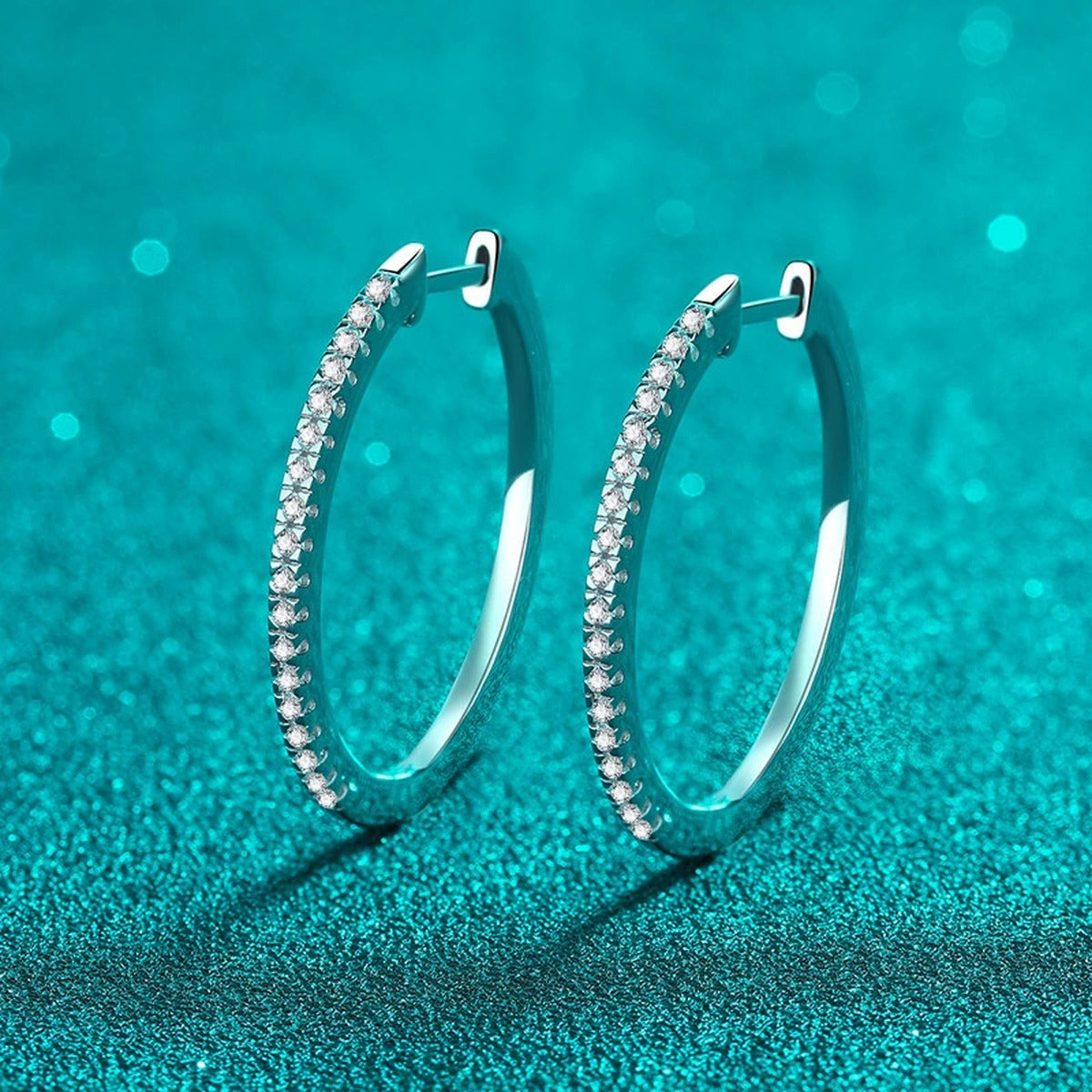 Slim Pave Moissanite Hoop Earrings in Rhodium-Plated S925 sterling silver product scene view showing front sparkle