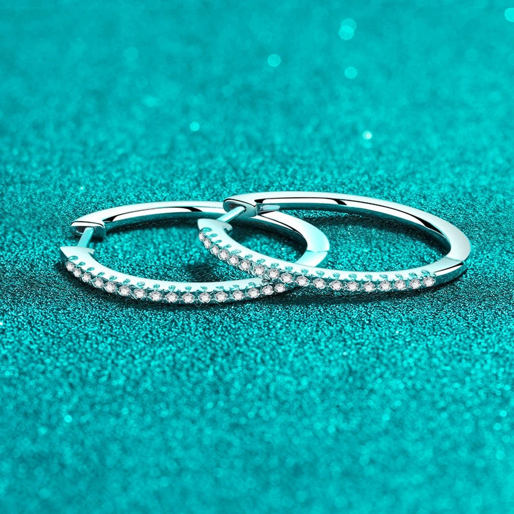 Slim Pave Moissanite Hoop Earrings in Rhodium-Plated S925 sterling silver product scene view showing angled setting detail