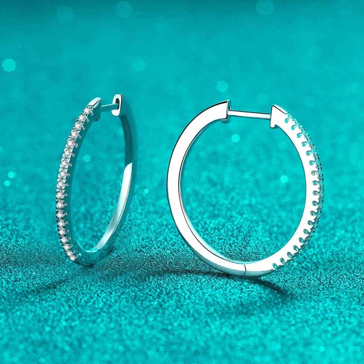 Slim Pave Moissanite Hoop Earrings in Rhodium-Plated S925 sterling silver product scene view showing side profile