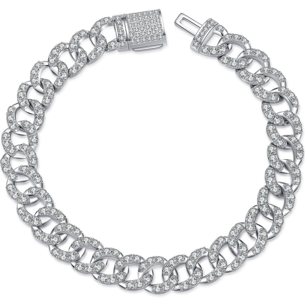 Cuban Chain Moissanite Bracelet in Rhodium-Plated S925 sterling silver white background product photo showing bracelet shape and moissanite setting
