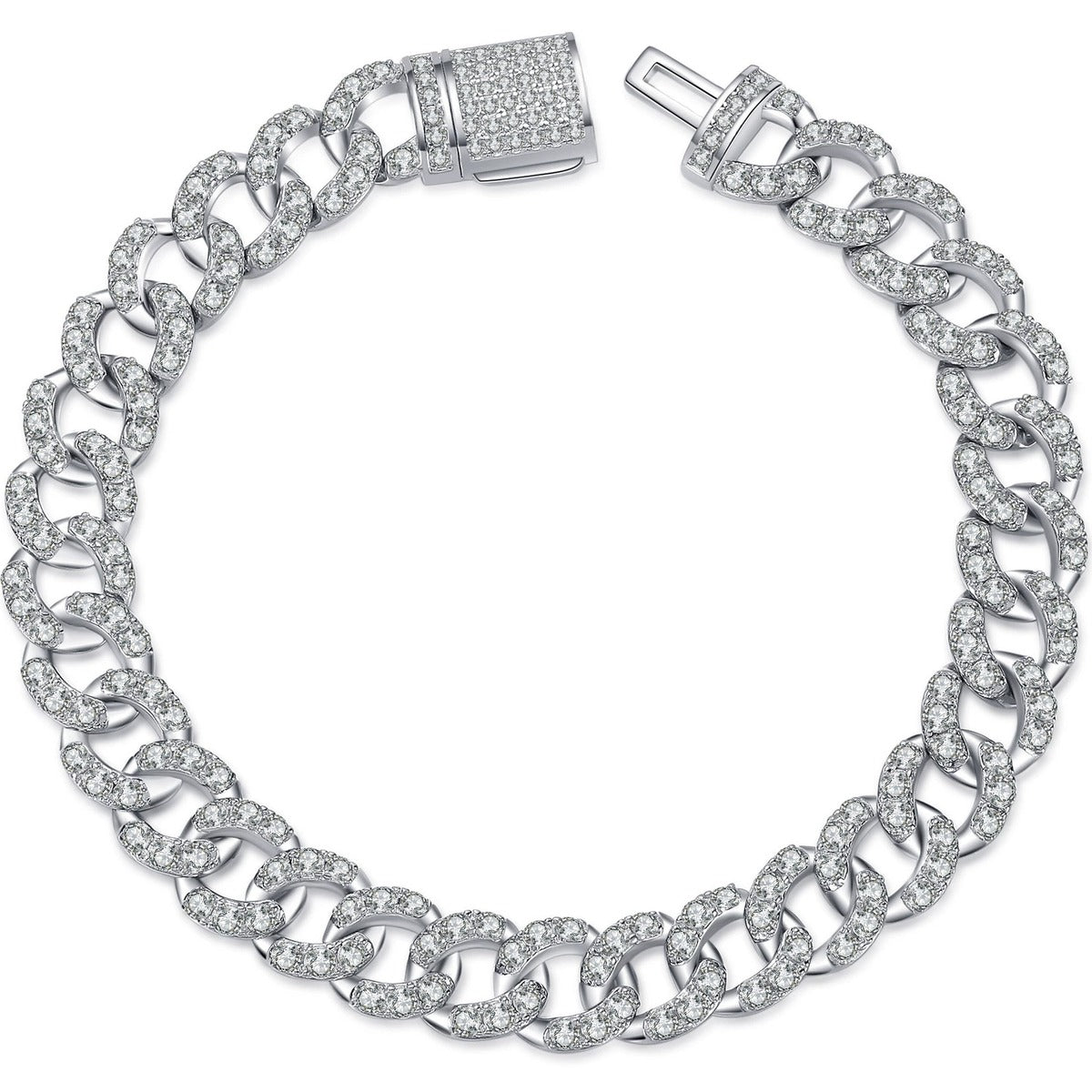 Cuban Chain Moissanite Bracelet in Rhodium-Plated S925 sterling silver white background product photo showing bracelet shape and moissanite setting