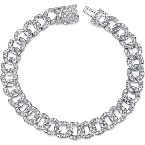 Cuban Chain Moissanite Bracelet in Rhodium-Plated S925 sterling silver white background product photo showing bracelet shape and moissanite setting