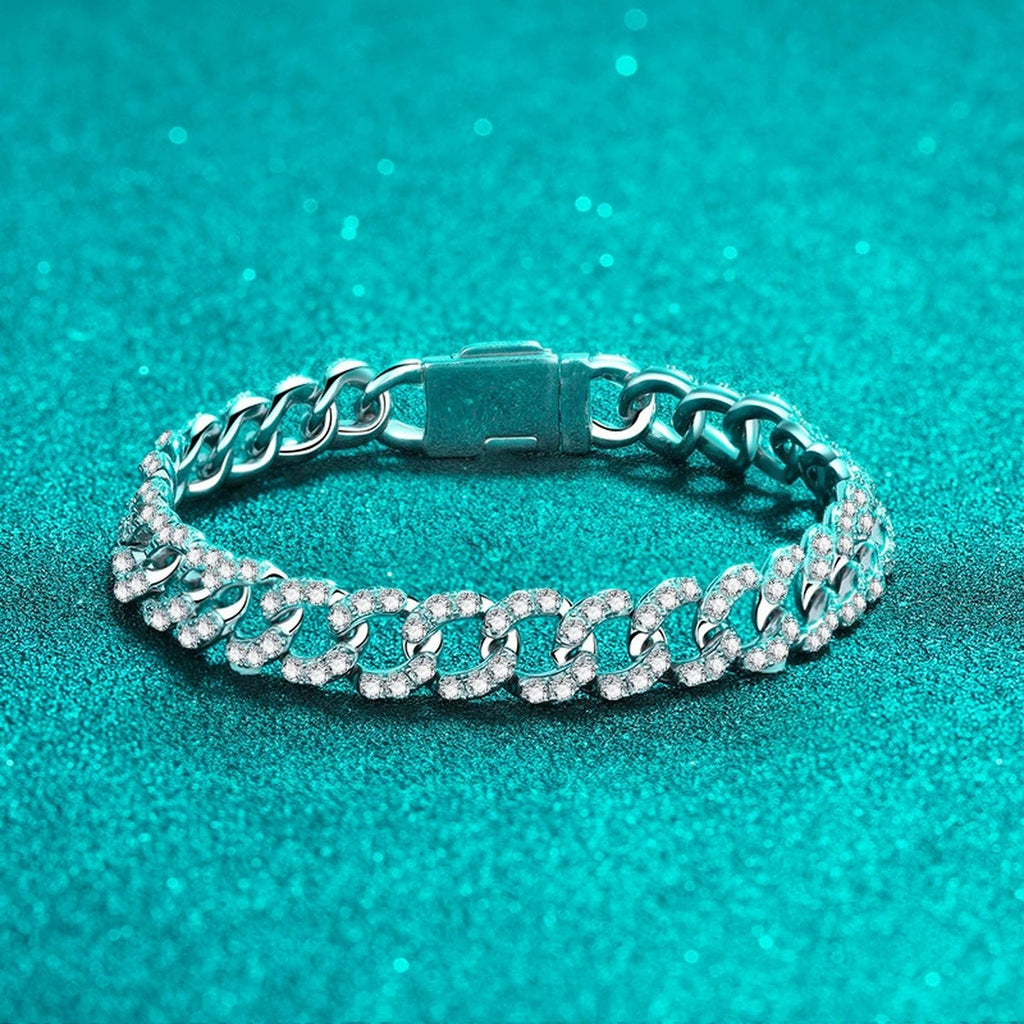 Cuban Chain Moissanite Bracelet in Rhodium-Plated S925 sterling silver styled product scene showing stone sparkle and chain detail