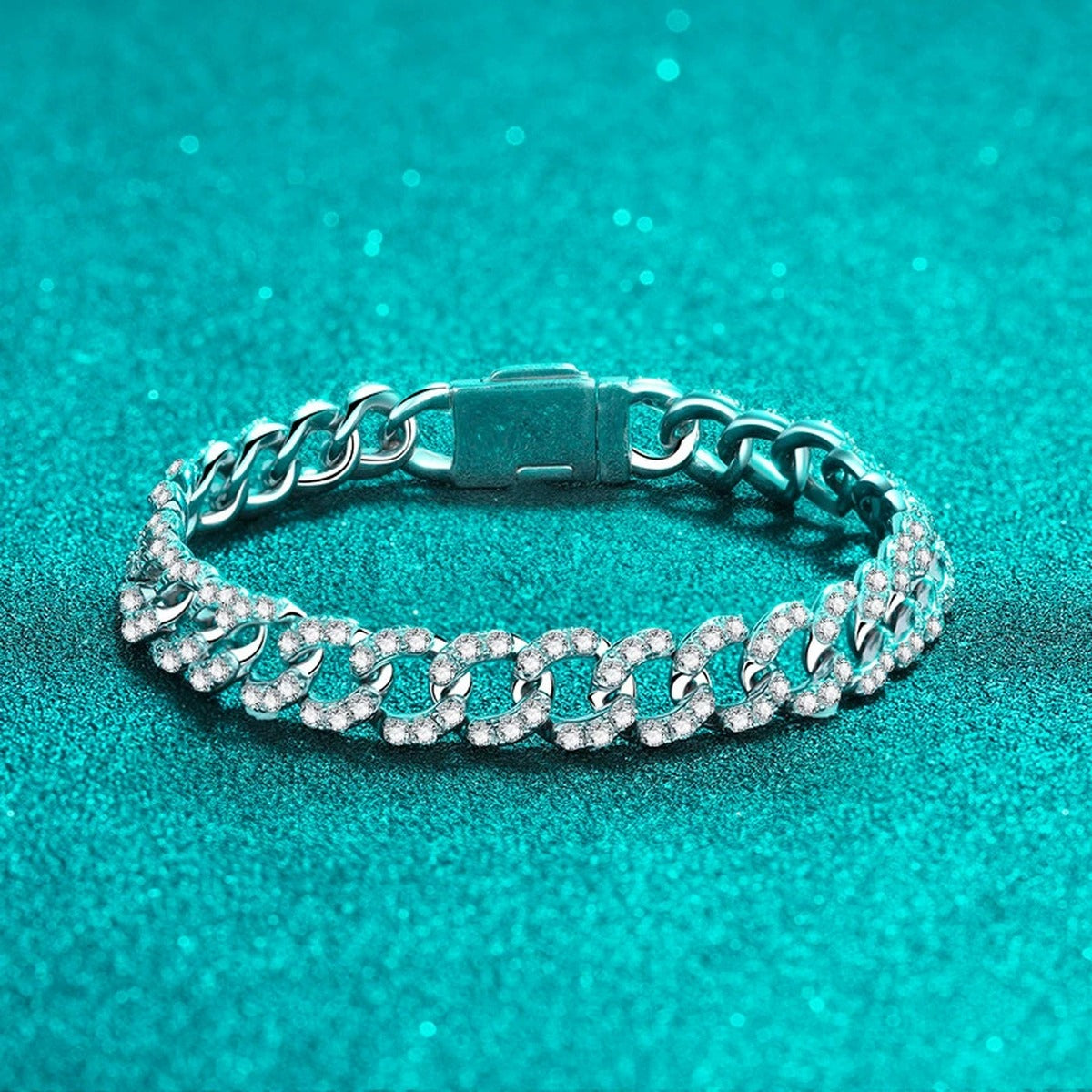 Cuban Chain Moissanite Bracelet in Rhodium-Plated S925 sterling silver styled product scene showing stone sparkle and chain detail