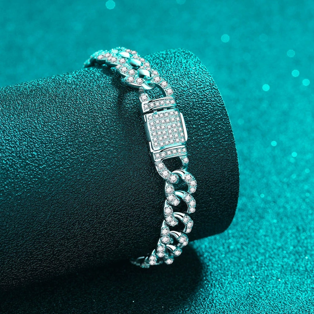 Cuban Chain Moissanite Bracelet in Rhodium-Plated S925 sterling silver angled product display showing bracelet silhouette
